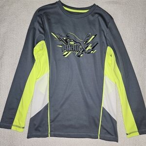 Puma Top Boys Size 14/16 Long Sleeve Top Shirt Gray Black Fluorescent Green